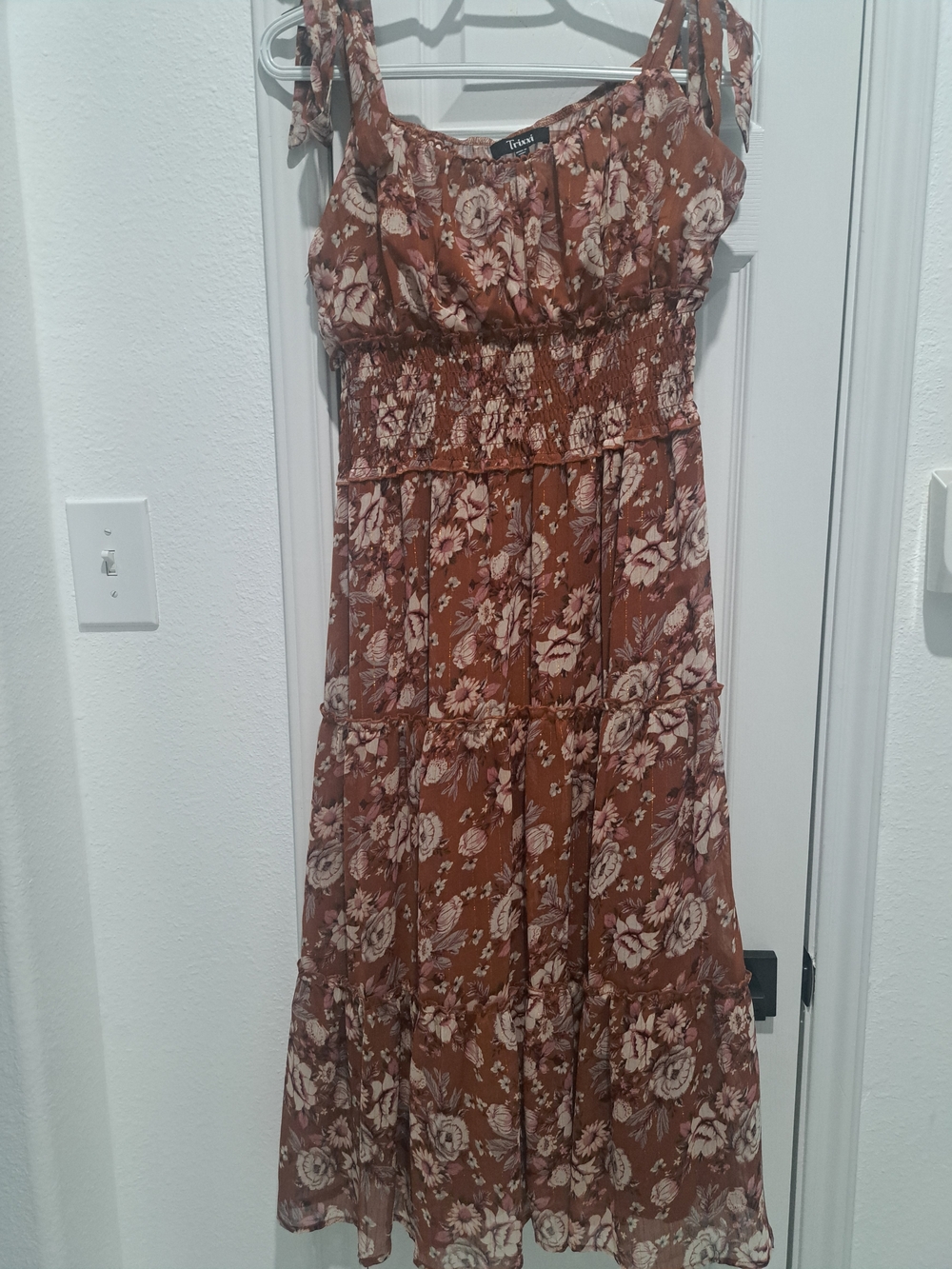 Trixxi Burnt Orange Floral Tiered Midi Dress